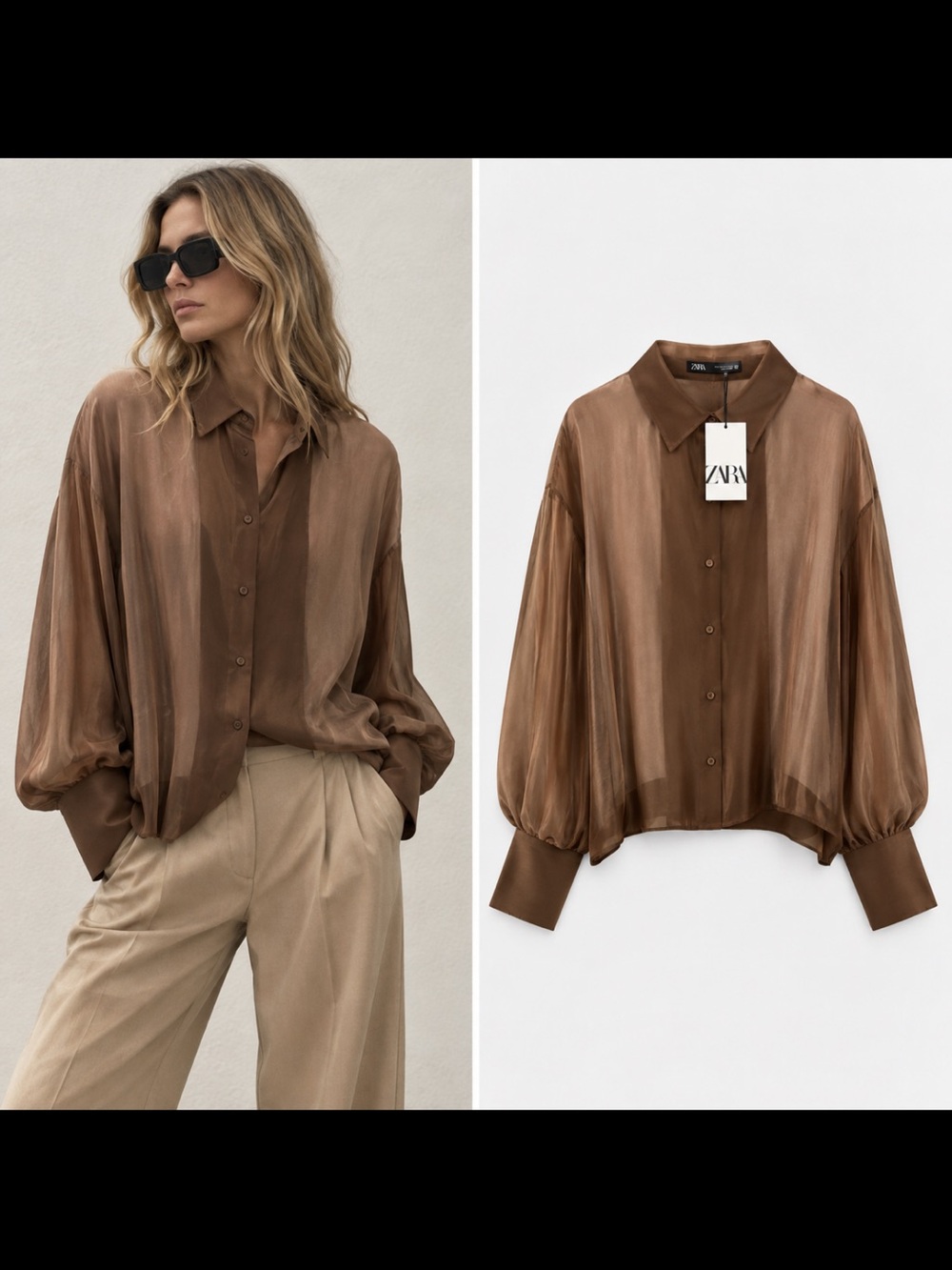 Zara NWT 100% silk brown blouse 4772/601